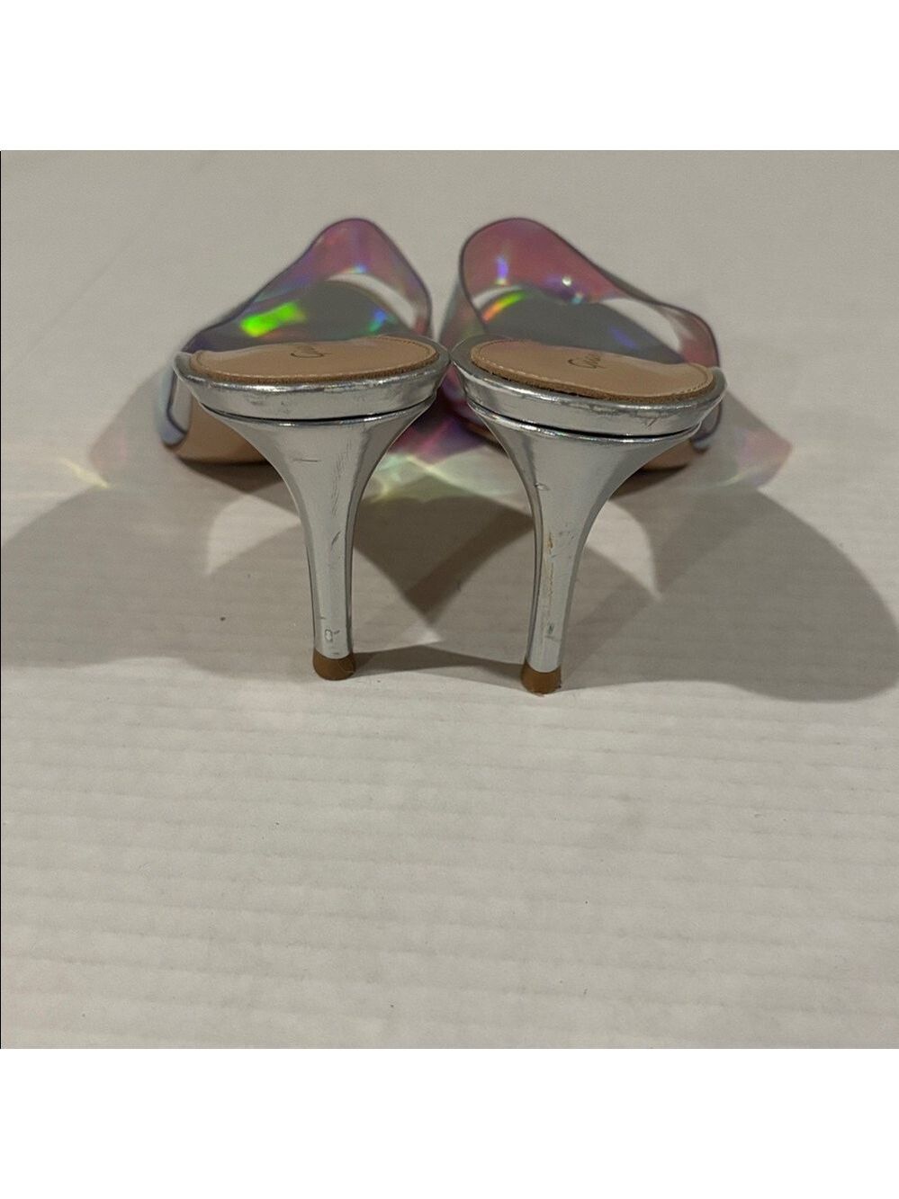 Gianvito Rossi Elle 105 Silver Iridescent and Foil Leather Plexi Mules-36 Euro - Picture 5 of 8